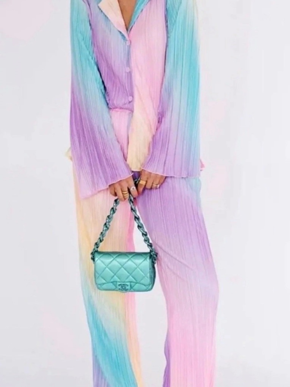 Dressed in LALA Long Sleeve Plissé Set in Rainbow Daydream NWT $152